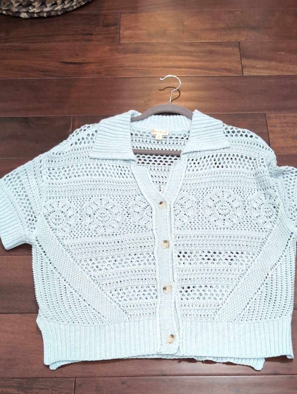 Hem & Thread Light Blue Openwork Knit Button-Up Cardigan